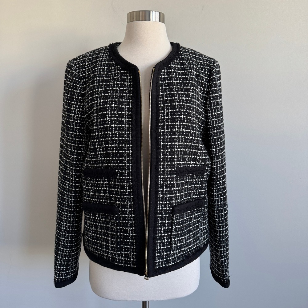 Ann Taylor Black White Wool Blend Tweed Full Zip Blazer Jacket Fringe Trim 14